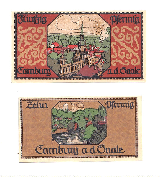 Set of 2 different notgeld paper money, 1918-1922, Camburg, Germany