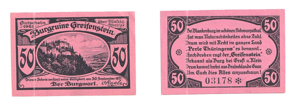 50 Pfennig Notgeld note, 1921, Burgruine Greifenstein, Germany