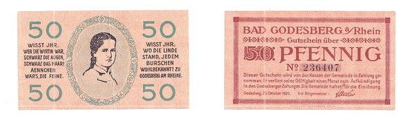 50 Pfennig Notgeld note, 1920, Bad Godesberg, Germany