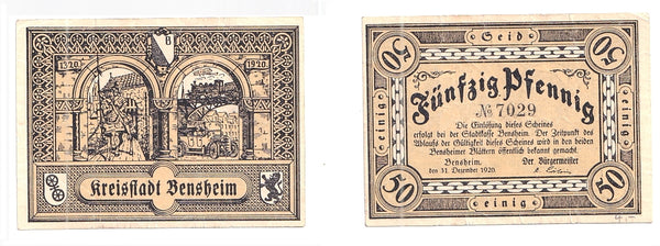 50 Pfennig Notgeld note, 1920, Bensheim, Germany