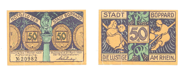 50 Pfennig Notgeld note, 1921, Stadt Boppard am Rhein , Germany