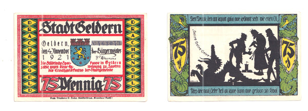 75 Pfennig Notgeld note, 1921, Stadt Geldern , Germany