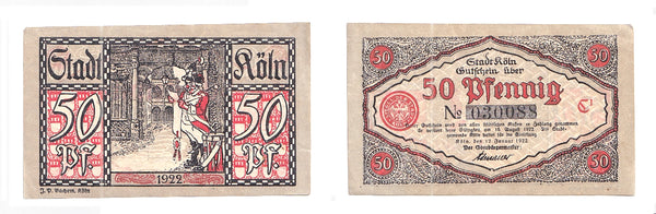 50 pfennig  Notgeld note, 1922, Stadt Koln , Germany
