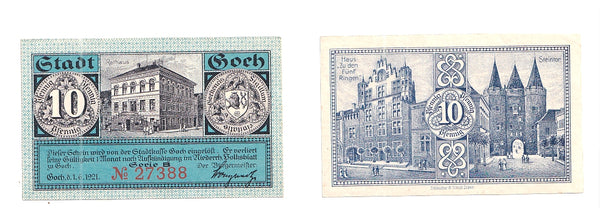 10 pfennig  Notgeld note, 1921, Stadt Goch, Germany