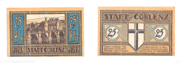 25 pfennig  Notgeld note, 1921, Stadt Coblenz , Germany