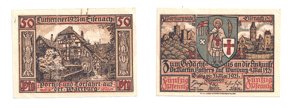 50 pfennig  Notgeld note, 1921, Stadt Wartburg , Germany
