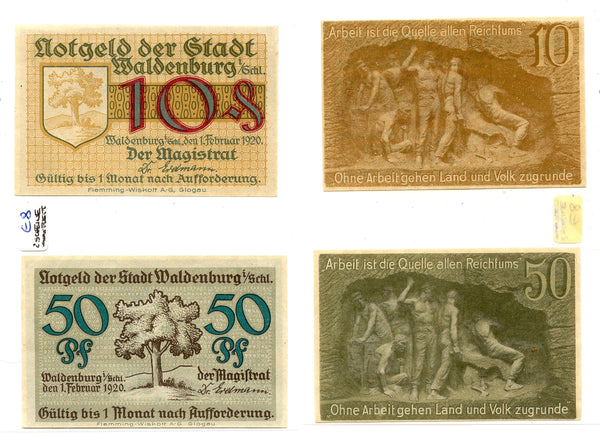 Set of 2 different notgeld paper money, 1920, Waldenburg, Germany