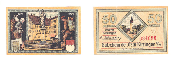 Nice notgeld paper money, 1920, Kitzingen, Germany