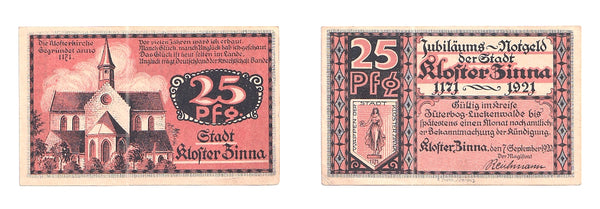 Nice notgeld paper money 25 pfennig, 1921, Kloster Zinna, Germany.