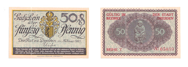 Nice notgeld paper money 50 pfennig, 1921, Dresden, Germany.