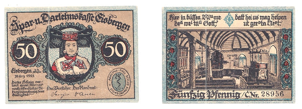 Nice notgeld paper money 50 pfennig, 1921, Eisbergen, Germany.