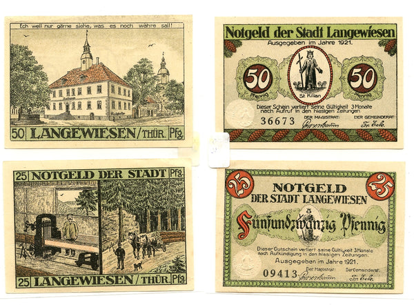Lot of 2 notgeld paper money, 1921, Langewiesen, Germany