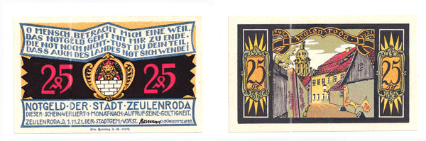 25 pfennig  Notgeld note, 1921, Stadt Zeulenroda, Germany