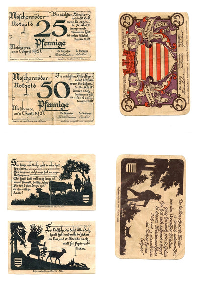 Set of 3 different notgeld paper money, 1921, Noschenrode, Germany