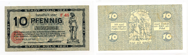 10 pfennig notgeld note, 1921, Stadt Koln, Germany