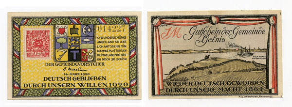 Nice notgeld paper money, 1Mark 1920, Gemeinde Holnis, Germany.
