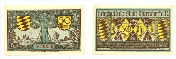 Nice notgeld paper money, 1918, Oberndorf am Neckar, Germany.