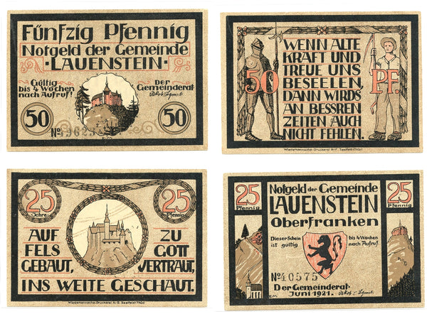 Set of 2 different notgeld paper money, 1921, Lauenstein Oberfranken, Germany