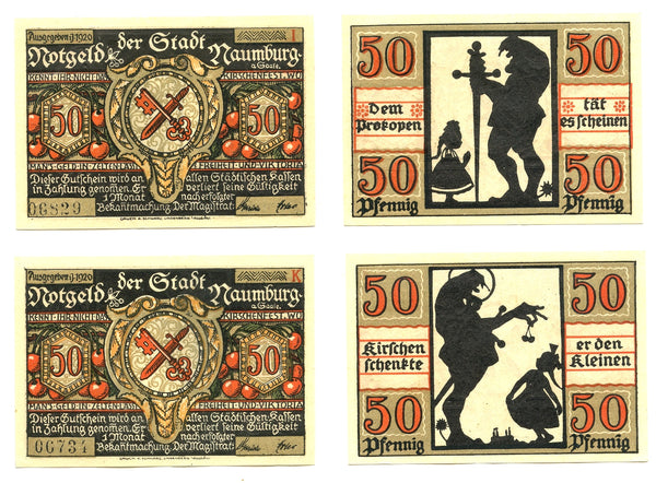 Set of 2 different notgeld paper money, 1920, Naumburg, Germany