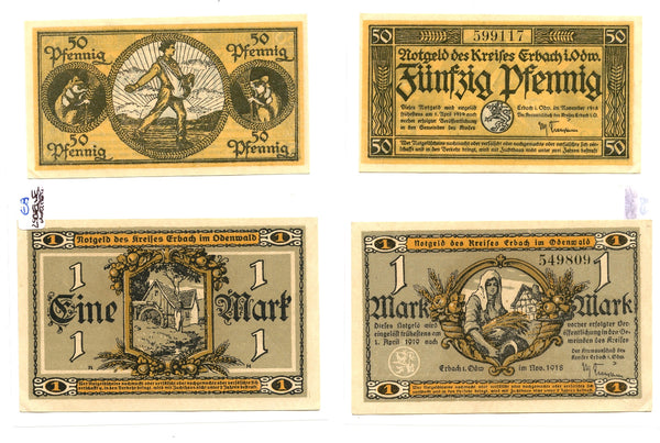 Set of 2 different notgeld paper money, 1918, Erbach Odenwald, Germany.