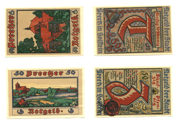 Set of 2 different notgeld paper money, 1921, Preetz, Germany