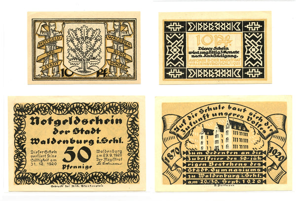 Set of 2 different notgeld paper money, 1920, 1921 Waldenburg, Germany