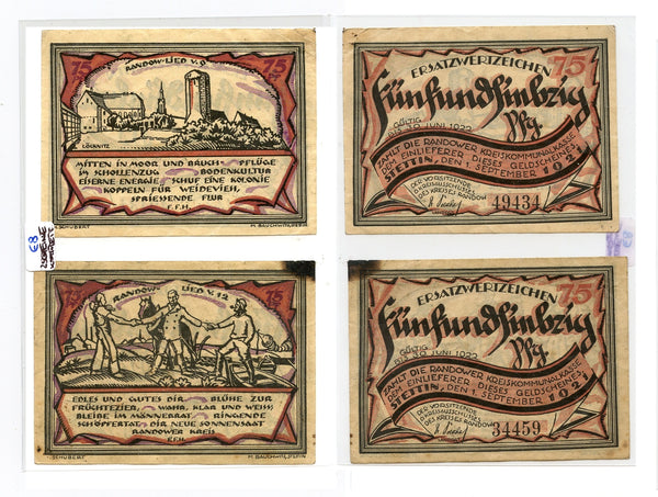 Set of 2 different notgeld paper money, 1921, Randow, Germany