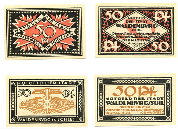 Set of 2 different notgeld paper money, 1921, Waldenburg, Germany