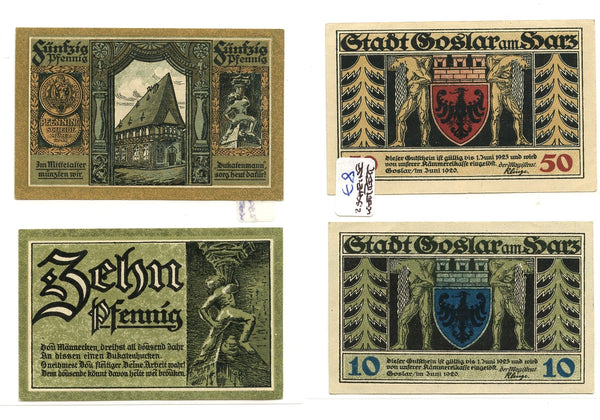 Set of 2 different notgeld paper money, 1920, Goslar Stadt, Germany.