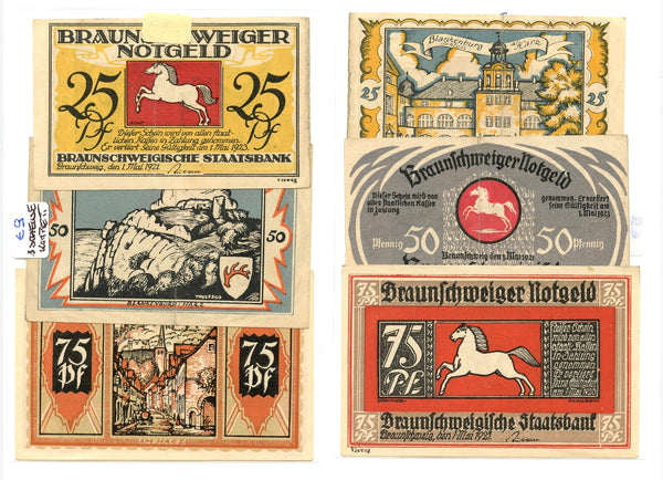 Set of 3 different notgeld paper money, 1921, Braunschweig Stadtkreis, Germany.