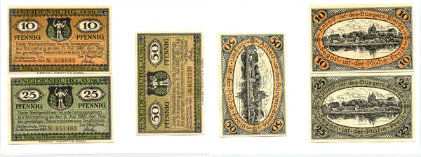 Set of 3 different notgeld paper money, 1920, Neidenburg, Germany.