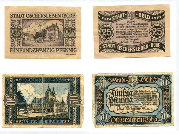 Set of 2 different notgeld paper money, 1920, 1921, Oschersleben, Germany.