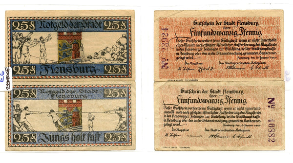 Set of 2 different notgeld paper money, 1920, Flensburg, Germany.