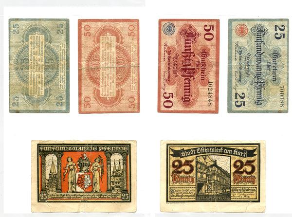 Set of 3 different notgeld paper money, 1917, 1921, Osnabruck, Germany.