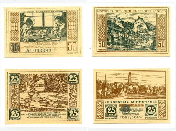 Set of 2 different notgeld paper money, 1921, Birkenfeld, Germany.