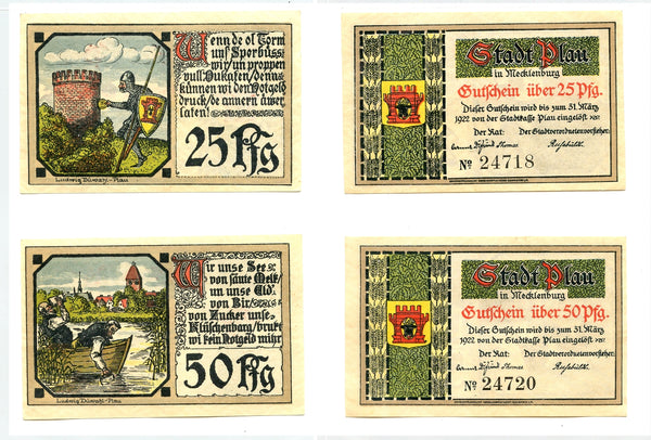 Set of 2 different notgeld paper money, 1922, Plau, Germany.