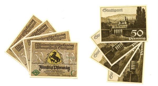 Lot of 4 notgeld bills w/consecutive numbers, 1922-1924, Stuttgart, Germany