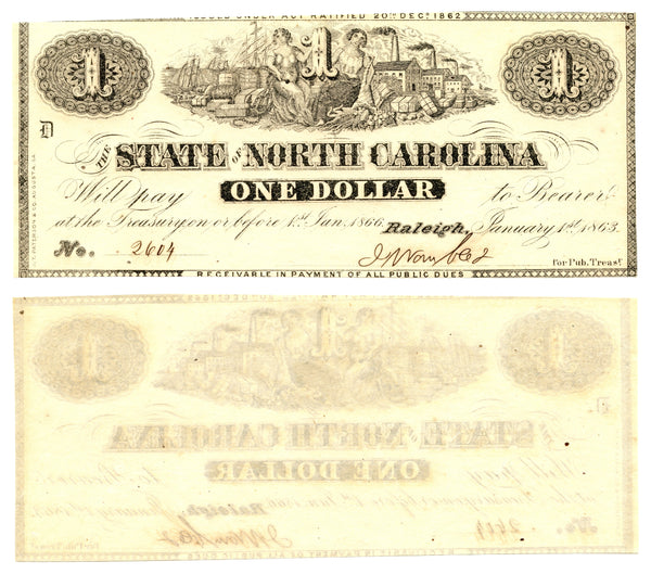 High grade 1$ note, 1863, North Carolina, Confederate States of America