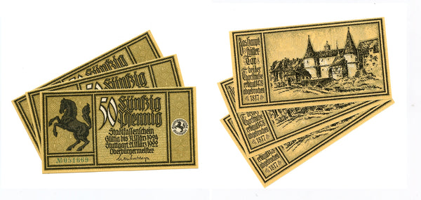 Lot of 3 notgeld bills w/consecutive numbers, 1922-1924, Stuttgart, Germany