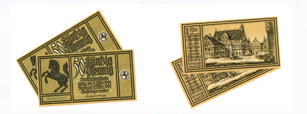 Lot of 2 notgeld bills w/consecutive numbers, 1922-1924, Stuttgart, Germany