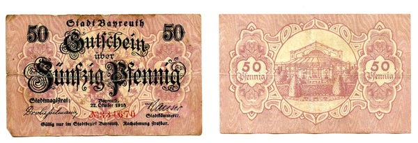 Nice notgeld paper money, 1918, Bayreuth, Germany