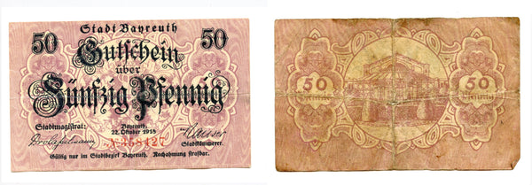 Nice notgeld paper money, 1918, Bayreuth, Germany