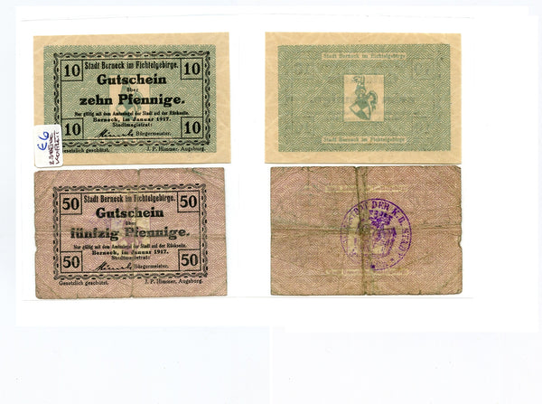 Set of 2 different notgeld paper money, 1917, Berneck, Germany