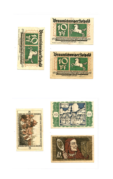 Set of 3 different notgeld paper money, 1921, Braunschweig, Germany