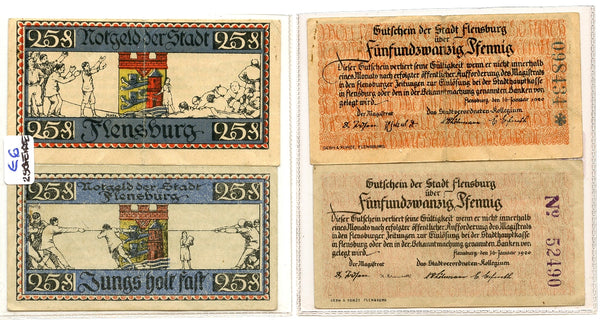 Set of 2 different notgeld paper money, 1920, Flensburg, Germany.