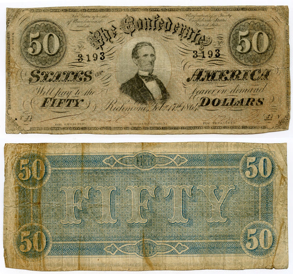 1864 Confederate State of America (CSA) $50 Note (T-66, Criswell #497)
