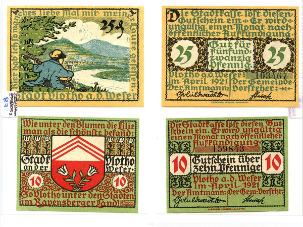 Set of 2 different notgeld paper money, 1921, Vlotho, Germany