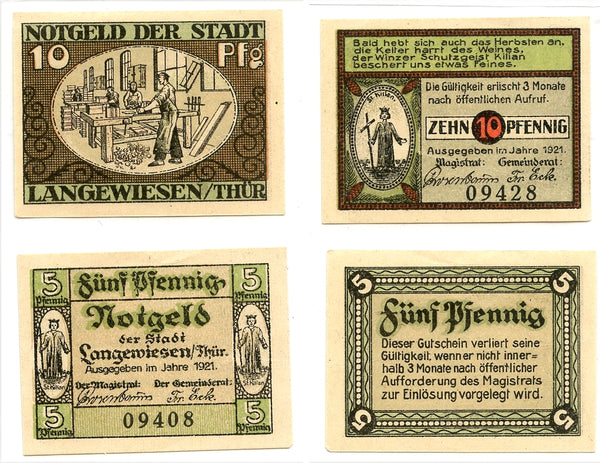 Set of 2 different notgeld paper money, 1921,  Langewiesen, Germany