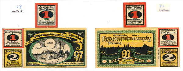 Set of 2 different notgeld paper money, 1921, Fleiberg, Germany.