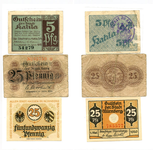 Set of 3 different notgeld paper money, 1920, Germany